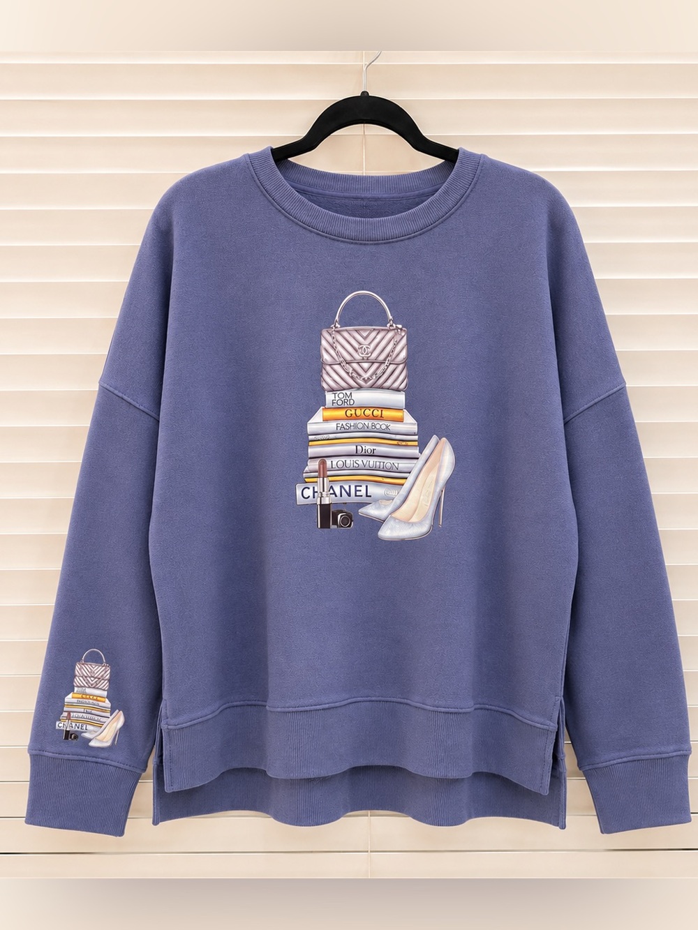 Plus Size Blue Graphic Sweatshirt with Fashion Stack Print